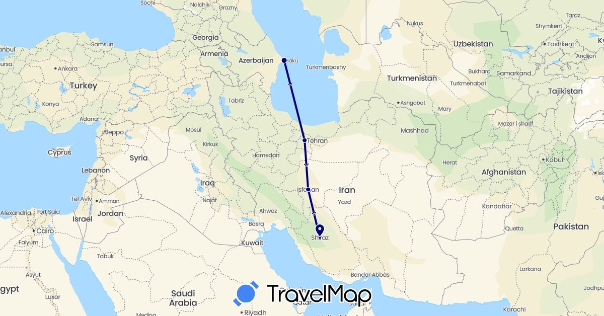 TravelMap itinerary: driving in Azerbaijan, Iran (Asia)